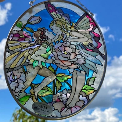 Amia Denver Stained Glass Loving Fairies Butterfly Wings Handpainted Sun Catcher - Image 1 of 4