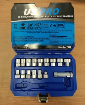 US PRO Tools 16pc Go Through Socket Set With 3/8" & 1/2" Drive Adaptors 7559 - Image 1 of 3
