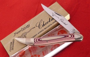 RARE Frost Japan Made 5" Closed Candy Stripe Cheetah Texas Toothpick knife MINT - Picture 1 of 5