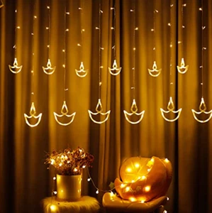 8 Feet 12 Diya Curtain Light – 8 Flashing Modes Diya Lights for Home Decoration - Picture 1 of 6