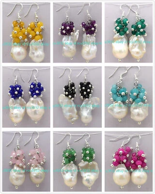 Natural White Baroque Keshi Pearl & Faceted Multciolor Jade Dangle Hook Earrings - Image 1 of 4