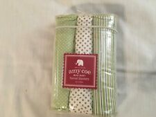 NIP Set of 3 Amy Coe Green/White Baby Cotton Flannel Receiving Blankets COTTON