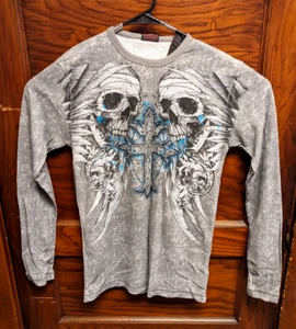Camicia waffle nuova con etichette MMA Elite LS Skulls Affliction stile grunge lavaggio acido uomo M - Foto 1 di 9