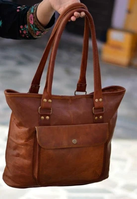 Handmade Women's Vintage Brown Goat Leather Shoulder Tote Shopper Purse Handbag - Image 1 of 4