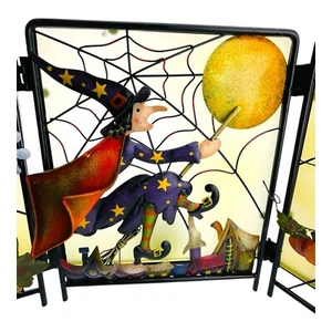 Halloween Witch Ghost Black Cat Screen Metal Glass 3 Panels Free Stand Fall 18”W - Picture 1 of 10