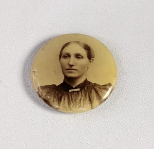 1898 Vintage Antique Woman Photo Celluloid Mourning Pin Back Button Portrait PIN - Picture 1 of 9