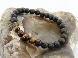 8 mm Tigerauge & Lavagestein 2 Runde Perlen Dehnbar Armband 6-9 Zoll Herren Frau - Bild 1 von 8