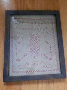 Framed Cross Stitch Sampler ABC Red Stitch Pineapple - Picture 1 of 3