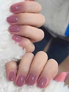 Press On Nails - 24pcs Short Squoval Purple Solid Colour Stick On False Nails - Picture 1 of 6