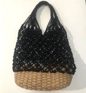 Hollow Out Shoulder Bag Handmade Black Mesh Straw Summer Vacation Beach - Picture 1 of 7