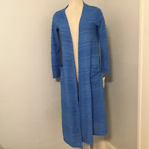 NWT Lularoe Sarah Size XS Long Cardigan Solid Blue Ribbed Open Front 3/4 Sleeve - Picture 1 of 12