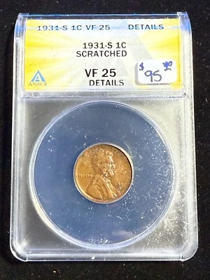 1931-S LINCOLN WHEAT CENT ANACS VF 25 DETAILS SCRATCHED - Image 1 of 4