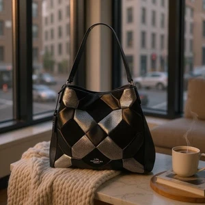 COACH Edie 31 Patchwork Black Gray Leather Suede Patchwork Shoulder Hobo Bag - Picture 1 of 19