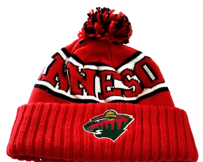 Minnesota Wild Puños Tejido Gorro Sombrero Invierno Gorra de Esquí con Pom Negro/Rojo Pom Nuevo con Etiquetas NHL Foto 1 de 2