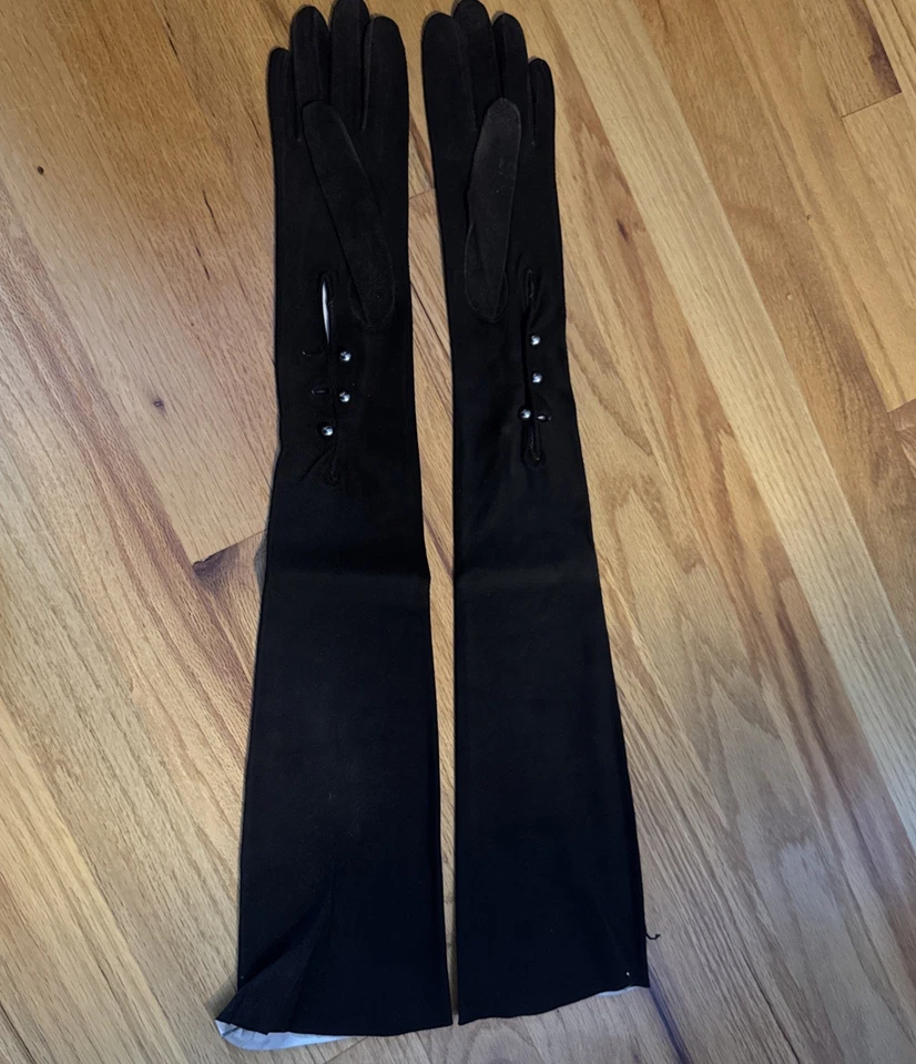 Vintage Long Black Leather Opera Gloves with Button Closure, 22 inches - Image 1 of 4