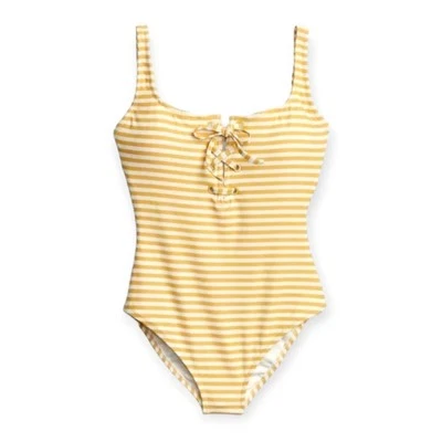 GAP | XL | Yellow & Cream Striped Lace-Up Front Deep-V Back One Piece Swimsuit - Image 1 of 4
