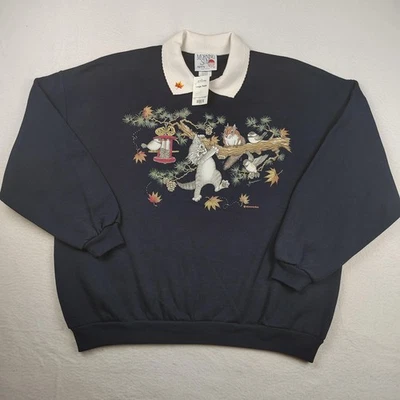 Sudadera De Colección Morning Sun Para Mujer Grande Pequeña Cuello Azul Marino Hecha en Gato EE. UU. 90s Foto 1 de 4