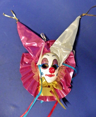 Wall Hanguing Mask Jester Clown Face with Real Fabric Hat & Border 9.5" x 9" - Image 1 of 4