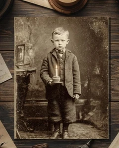 Vintage Victorian Boy with Single Birthday Candle Card Gothic Macabre Art - Picture 1 of 4