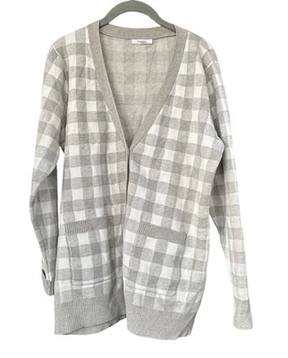 Cárdigan suéter grande Sioni para mujer gris blanco a cuadros botones delanteros preppy Foto 1 de 4