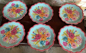 SET OF 6 The Pioneer Woman Melamine Dinner Plates SUNNY DAYS CORAL ~  NEW - Picture 1 of 4