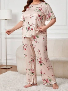 PYJAMA SET PLUS 20 22 24 26 PINK ROSE FLORAL PRINT STRETCH LOUNGEWEAR COMFORT - Picture 1 of 3