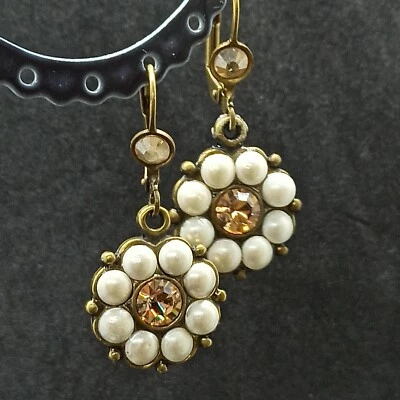 Michal Negrin Earrings Pearls With Cream Crystals Cluster Flower Beige Gift New - Image 1 of 4