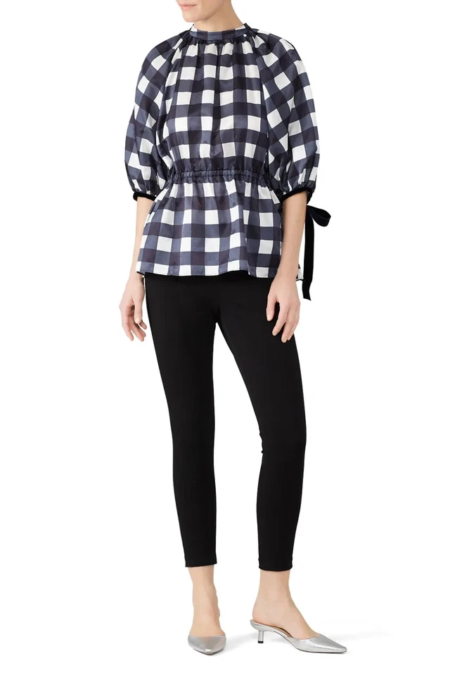 MOTHER OF PEARL LONDON 真丝蓝色格子格子上衣衬衫丝带绑带 US 10 — 第 1/1 张图片