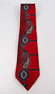 Henry Grethel Silk Tie, Red Background w/a stylized Paisley Design in Gray - Image 1 of 4