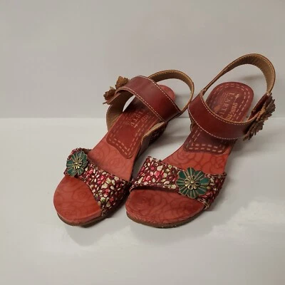 Spring Step  L'artiste Laisis Wedge Sandals Red-Leather- Flowers- Size 36-(5 US) - Image 1 of 4