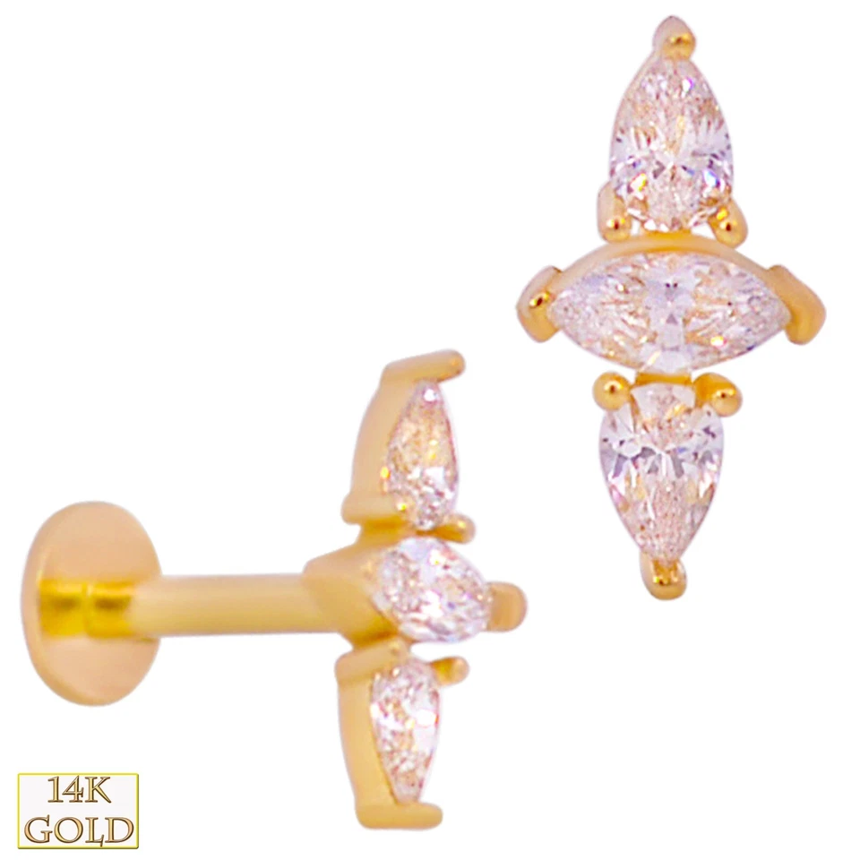 Лабрет из желтого золота 14 карат с грушей и фианитом маркиза - Изображение 1 из 1