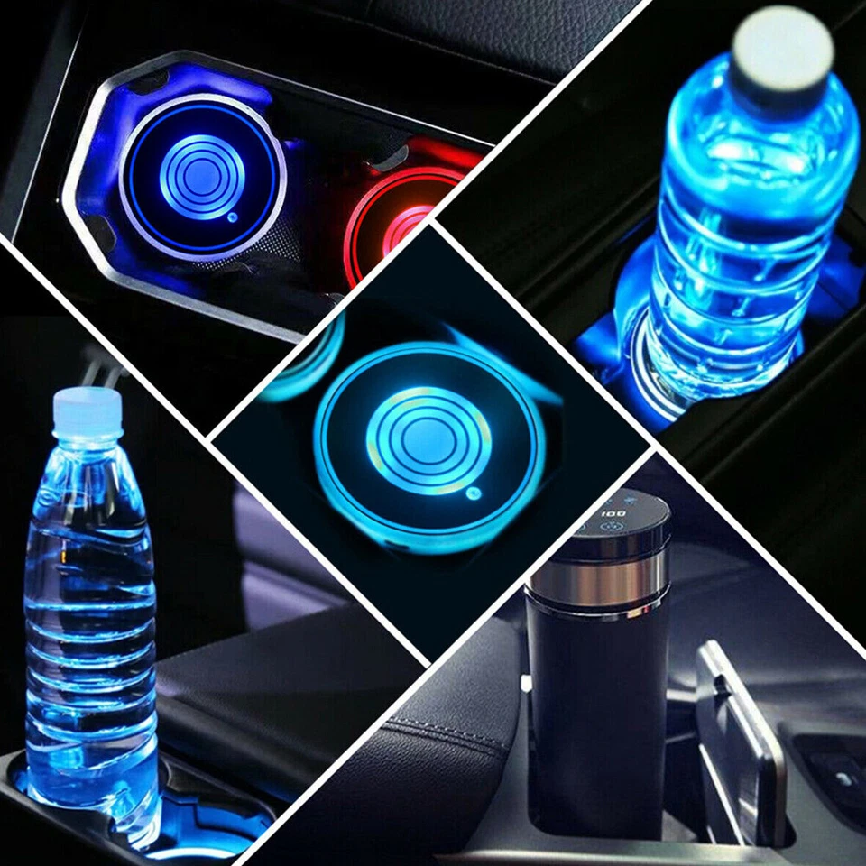 2PCS Car Cup Bottle Holder Mat 7 Color LED Coaster Pad Atmosphere Light Decor - Image 1 of 4