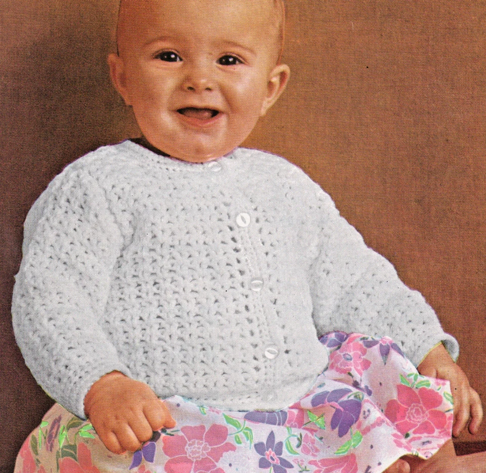 0529 Crochet Baby's Round Neck Cardigan 16-20ins DK - Vintage Pattern Copy - Image 1 of 1