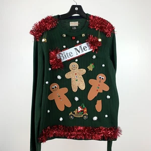 Suéter Feo Navidad Para Hombre Talla L Pan de Jengibre "Bite Me" Divertido Travieso Hecho a Mano - Imagen 1 de 9