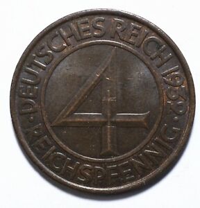 1932 A, Germany, 4 Reichspfe, Weimar Republic, Bronze, aUNC, KM# 75, Lot [417]