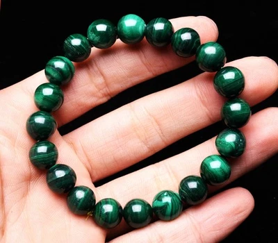 Brazalete de cuentas redondas de piedras preciosas de cristal de malaquita verde natural genuino de 9,7 mm AAA Foto 1 de 4