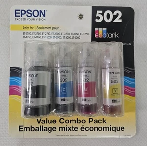 Epson 502 Combo 4-Pack BK/C/M/Y T5021-4-SV Genuine OEM 08/2025 NEW - Photo 1/4