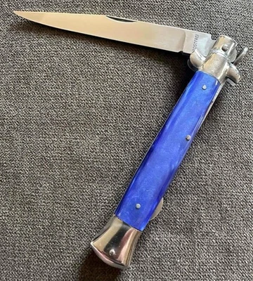 CUCHILLO ITALIANO VINTAGE ANTIGUO 9 3/4" MANUAL SELLO INOXIDABLE ACRÍLICO AZUL Foto 1 de 4