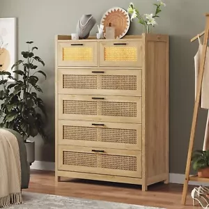 Rattan Dresser Bedroom Chests of Drawers Wood Tall Dresser for Hallway, Entryway - Picture 1 of 7