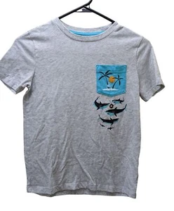 Old Navy -Kids Youth Size Medium 8 Gray Front Pocket Shark T-Shirt Short Sleeve - Picture 1 of 5