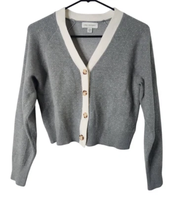 Free Assembly Girls L (11/12) Cardigan Sweater Gray White Dots V-Neck - Image 1 of 4
