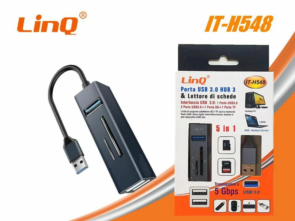 z Porta Usb 3.0 Hub 3 Lettore Schede Memory Card 5in1 Linq It-h548