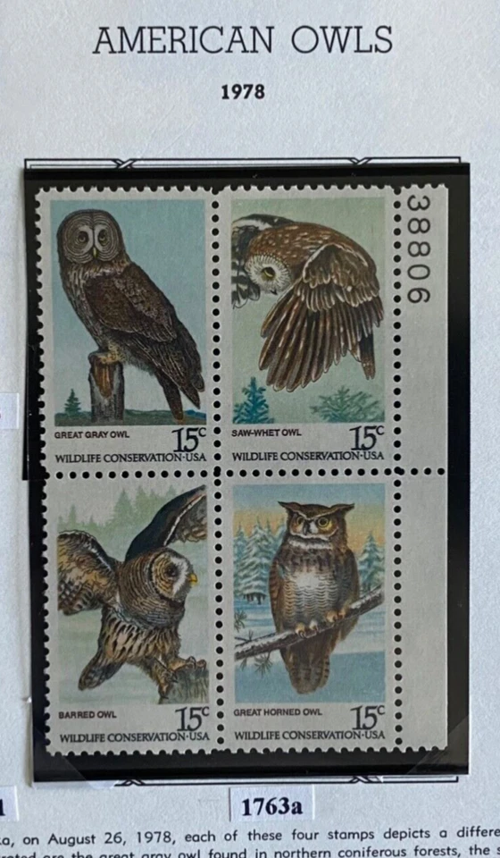 US 1978. American Owls. Sc#1763a. (Block of 4). MNH. - Image 1 of 1