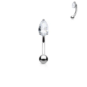 Tear Drop CZ Surgical Steel Curve Barbell Eyebrow Ring Lip Snug Piercing 16G - Picture 1 of 7