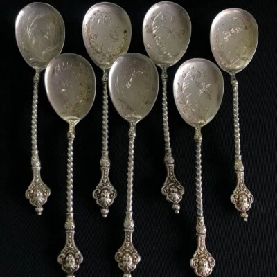 Cucharas de plata vintage plata 800 Europa siglo XX grabado firmado 7 piezas Foto 1 de 4
