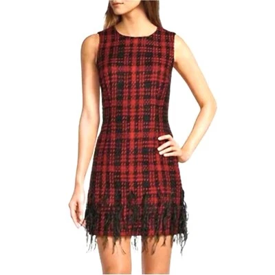 ANTONIO MELANI Sz 10 Irine Dress Feather Hem Red Black Tweed Cherry On Top NWT - Image 1 of 4