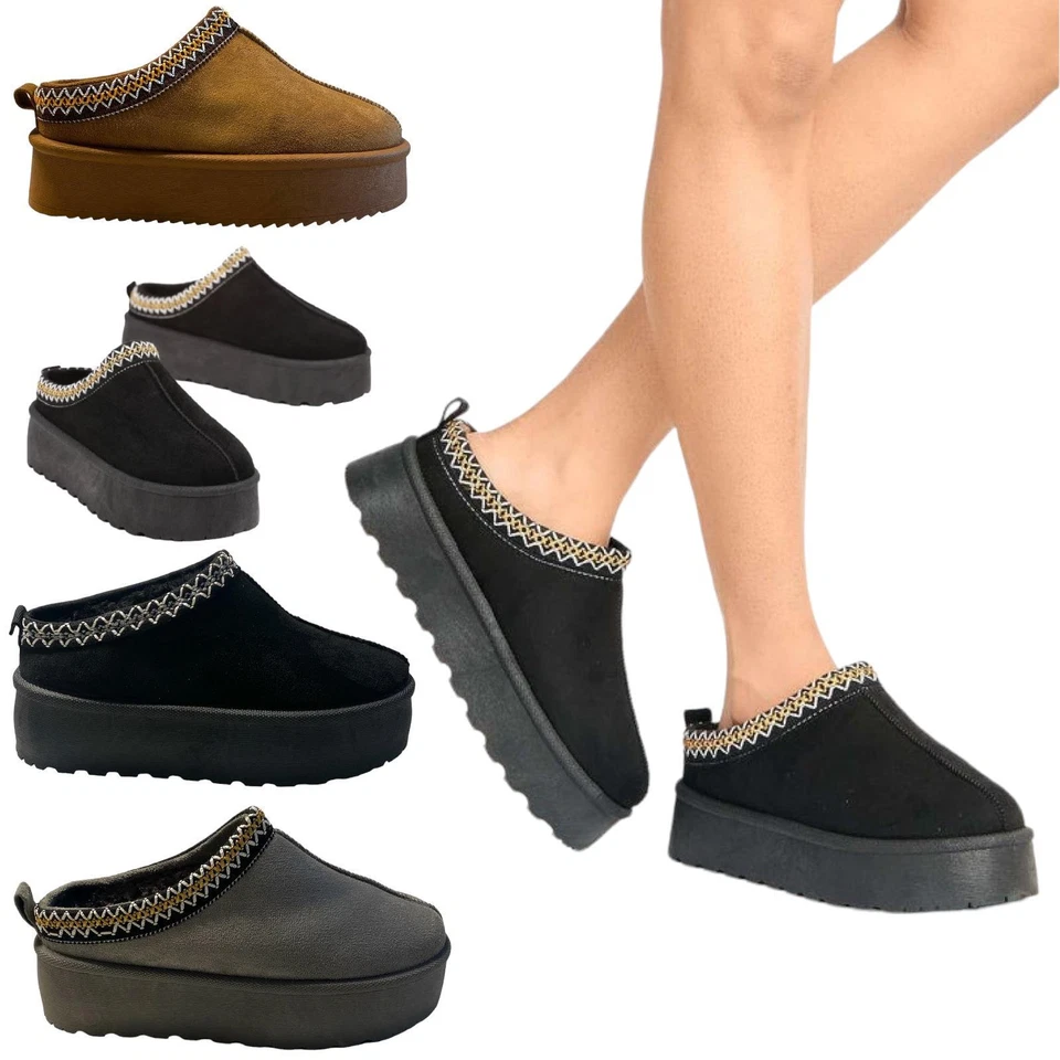 MISS IMAGE UK NEW WOMENS LADIES AZTEC DETAILED FAUX FUR SLIP ON PLATFORM SLIPPERS SHOES SIZE