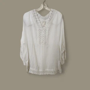 Chico's White Boho Split Side Rayon Cotton Lace Trim Tunic Top Size 2 NEW $99 - Picture 1 of 8