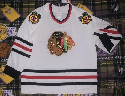 Camiseta deportiva oficial de los Chicago Blackhawks de la NHL de colección rara 1983 talla L (manchas) Foto 1 de 4