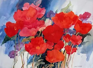 Joan McKasson "Poppy Potpourri", poster, immagine 18,5"h x 25"w, solo firmato - Foto 1 di 2